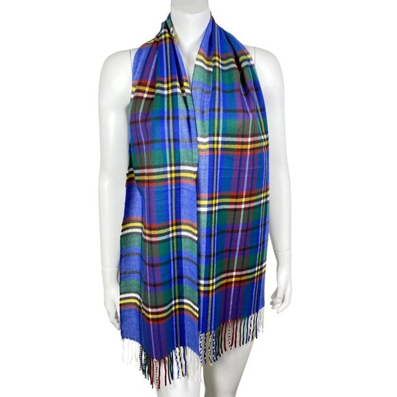 Scarf 100% Cashmere Blue Red Green Plaid Fringe Rectangular  Made In England - Picture 2 of 4